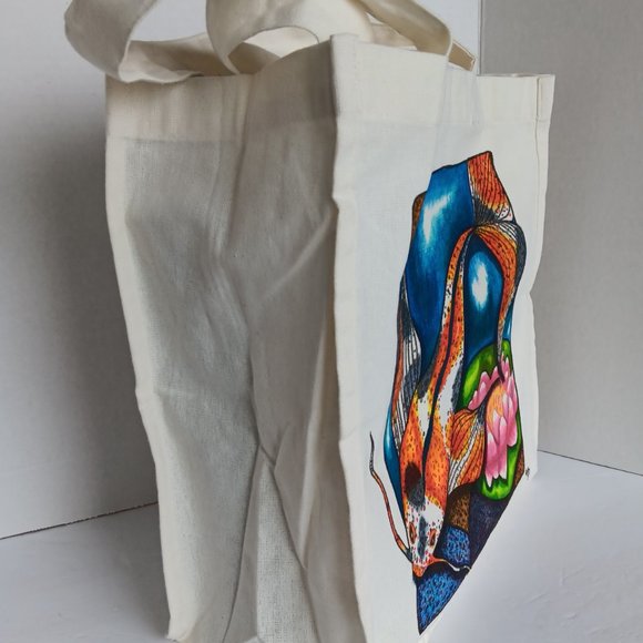 Hand-Painted Koi Fish Canvas Tote Bag: Lotus Pond Reusable Bag 14x13x7 inches - Picture 8 of 10